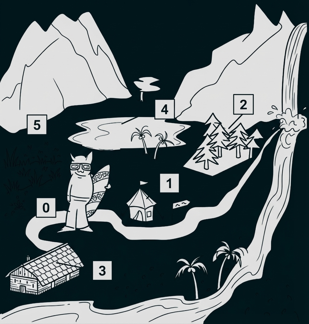 Schwarz-weiß Liniezeichnung: Berge, Wasserfall, See, Wald, Zelt, Hütte, Strand mit Palmen und eine Figur mit Surfbrett